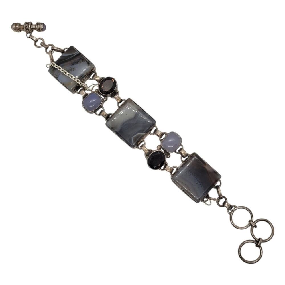 Vintage Sterling Silver Banded Agate Multi Gemstone Bracelet Boho Statement